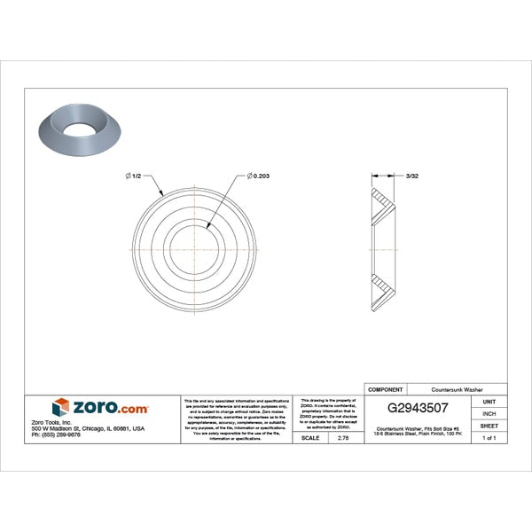 Countersunk Washer, Fits Bolt Size #8 Stainless Steel, Plain Finish, 100 PK