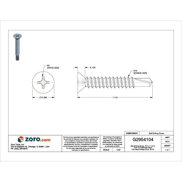 Self-Drilling Screw, #10 x 1-1/4 in, Plain 410 Stainless Steel Flat Head Phillips Drive, 50 PK
