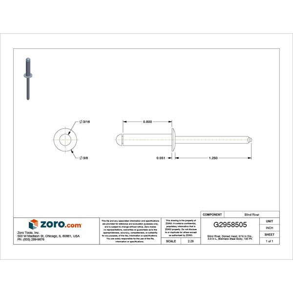 Blind Rivet, Dome Head, 3/16 in Dia., 51/64 in L, Stainless Steel Body, 100 PK
