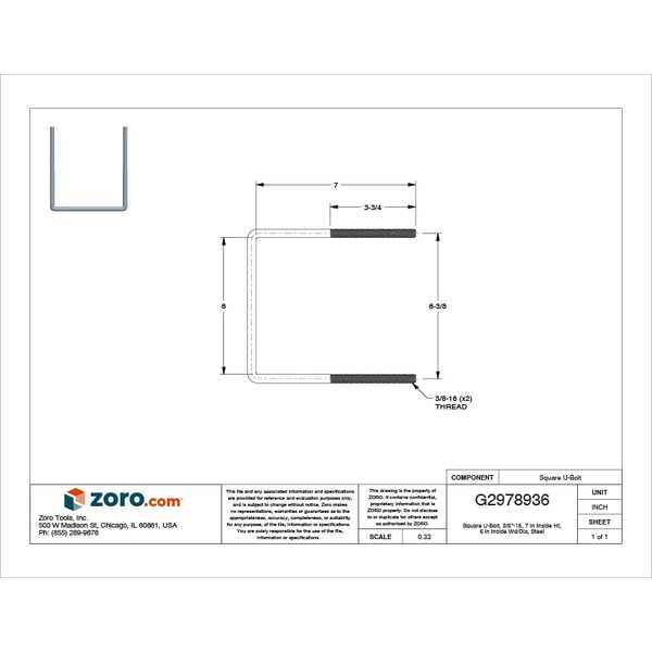 Square U-Bolt, 3/8
