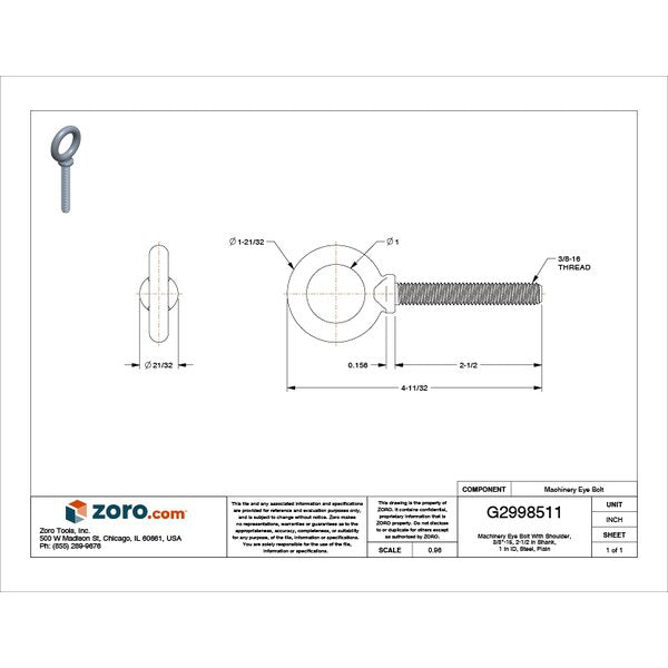 Machinery Eye Bolt With Shoulder, 3/8