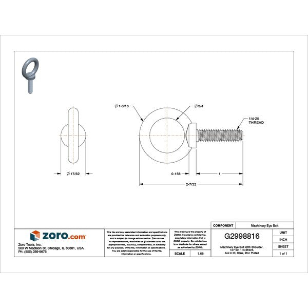 Machinery Eye Bolt With Shoulder, 1/4