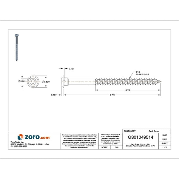 Deck Screw, 5/16 in x 6 in, Climatek, Round Head, Torx Drive, 50 PK