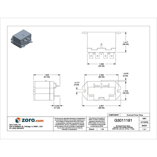Enclosed Power Relay, Surface (Top Flange) Mounted, SPST-NO, 24V AC, 4 Pins, 1 Poles