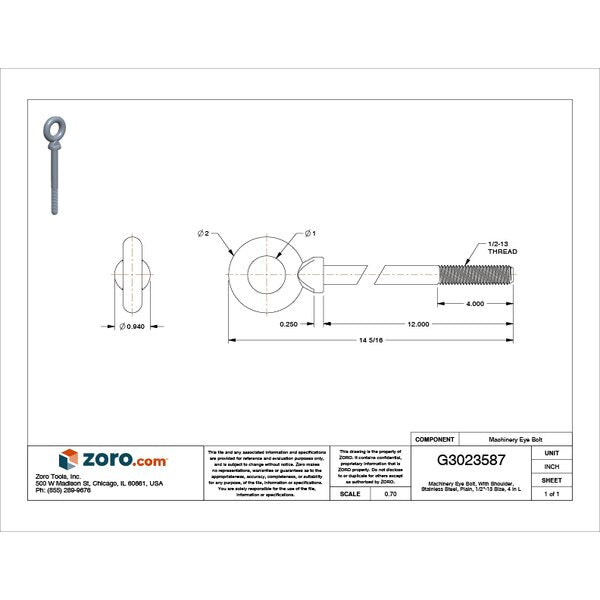 Machinery Eye Bolt With Shoulder, 1/2