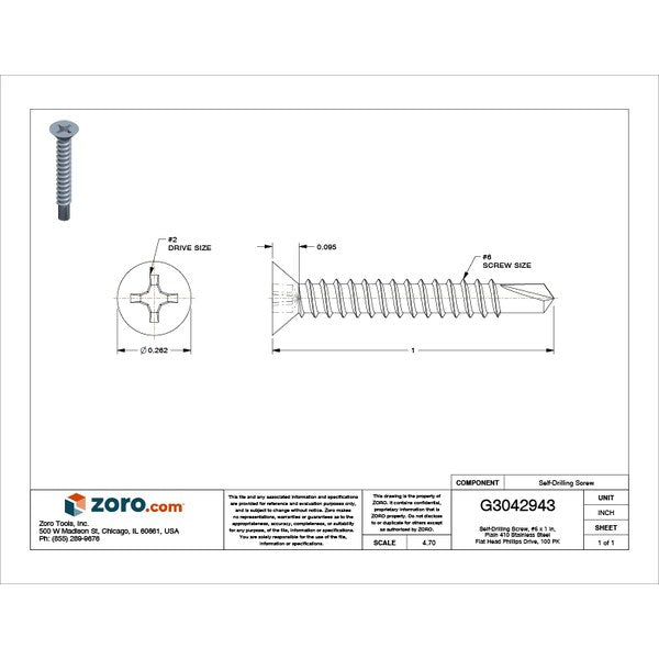 Self-Drilling Screw, #6 x 1 in, Plain 410 Stainless Steel Flat Head Phillips Drive, 100 PK