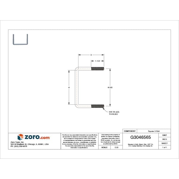 Square U-Bolt, 3/8