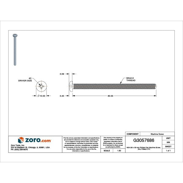M5-0.80 x 80 mm Phillips Pan Machine Screw, Zinc Plated Steel, 5 PK