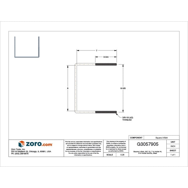Square U-Bolt, 3/8