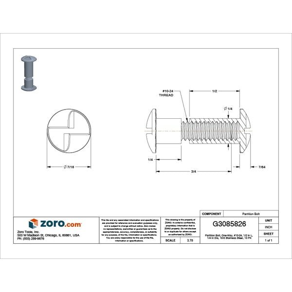 Partition Bolt, #10-24, 1/2 in Brl Lg, 1/4 in Brl Dia, 18-8 Stainless Steel Plain, 10 PK