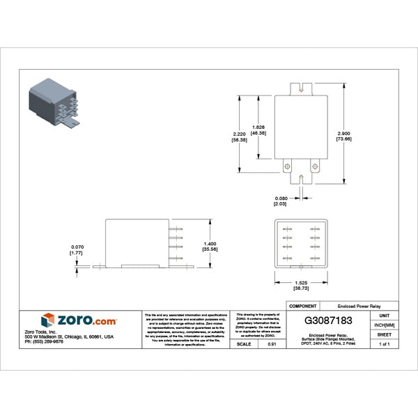 Enclosed Power Relay, Surface (Side Flange) Mounted, DPDT, 240V AC, 8 Pins, 2 Poles