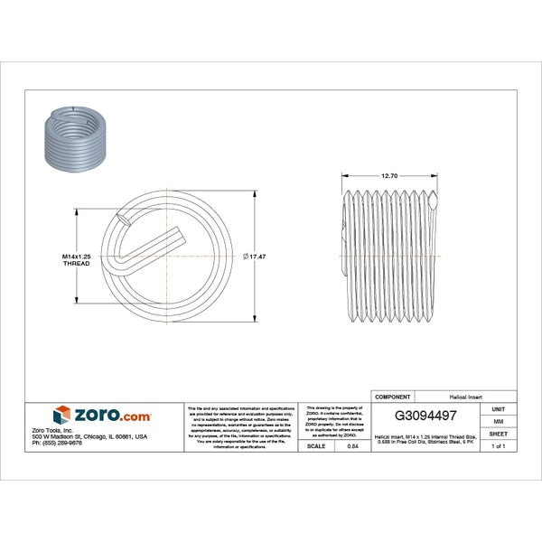 Tanged Helical Insert, Free-Running, M14-1.25 Thrd Sz, 18-8 Stainless Steel, 6 PK