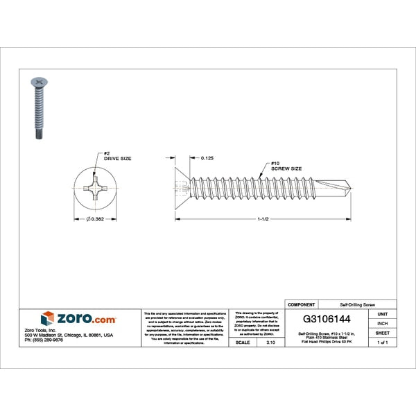 Self-Drilling Screw, #10 x 1-1/2 in, Plain 410 Stainless Steel Flat Head Phillips Drive, 50 PK