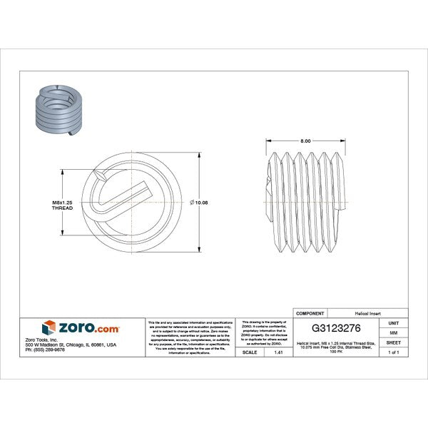 Tanged Helical Insert, Free-Running, M8-1.25 Thrd Sz, 18-8 Stainless Steel, 100 PK