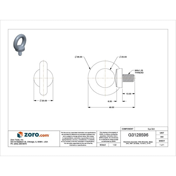 Machinery Eye Bolt With Shoulder, M8-1.25, 13 mm Shank, 20 mm ID, Steel, Zinc Plated, 3 PK