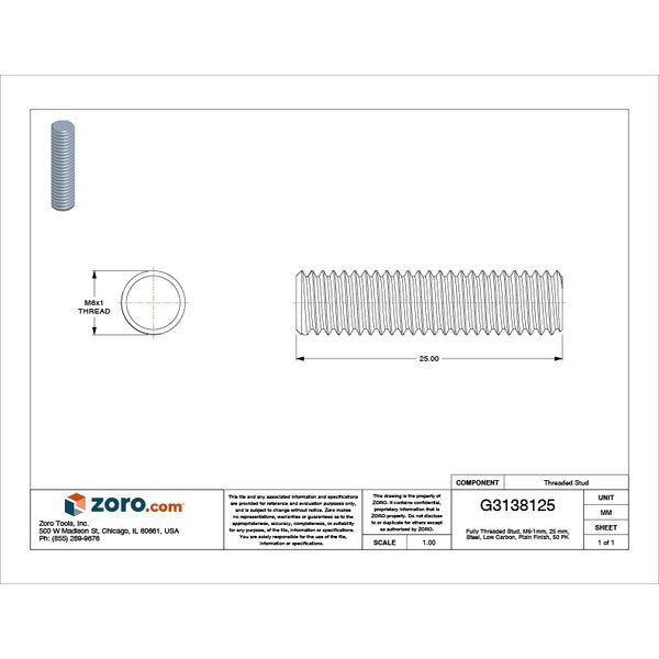 Fully Threaded Stud, M6-1mm, 25 mm, Steel, Grade 2, Plain Finish, 50 PK