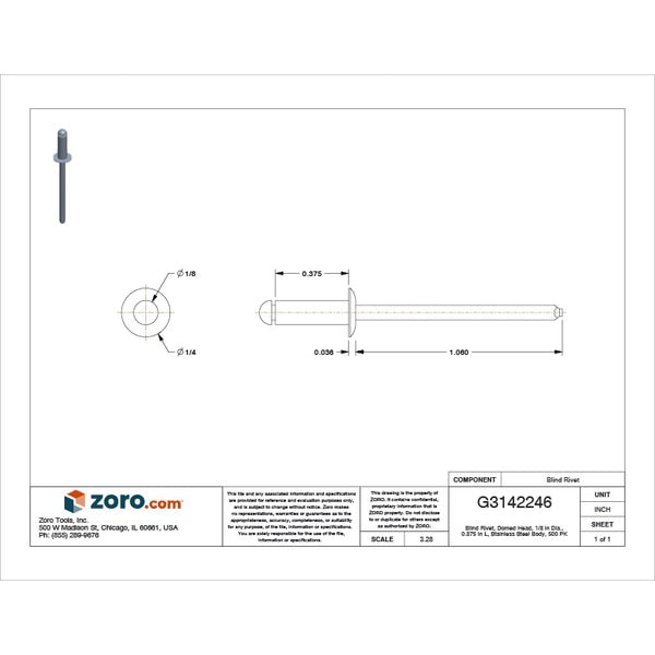 Blind Rivet, Dome Head, 1/8 in Dia., 3/8 in L, Stainless Steel Body, 500 PK
