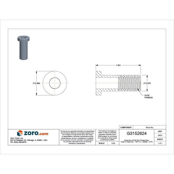 Rivet Nut, #10-32 Thread Size, 0.562 in Flange Dia., 1.051 in L, Rubber, 10 PK