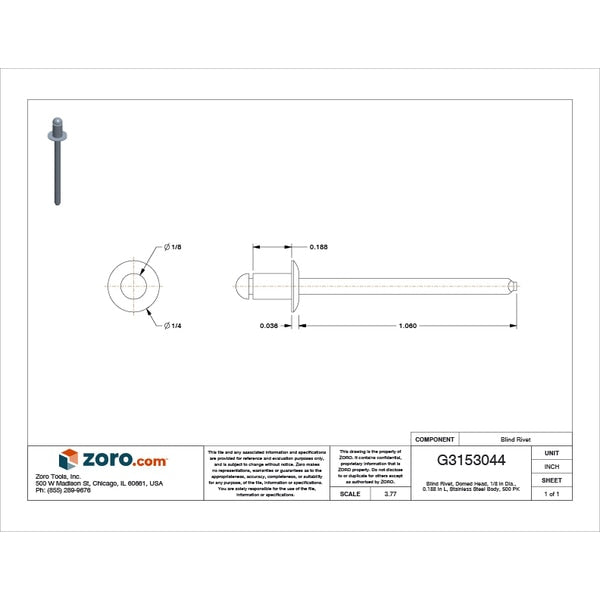 Blind Rivet, Dome Head, 1/8 in Dia., 3/16 in L, Stainless Steel Body, 500 PK
