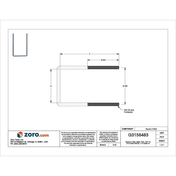 Square U-Bolt, 3/8