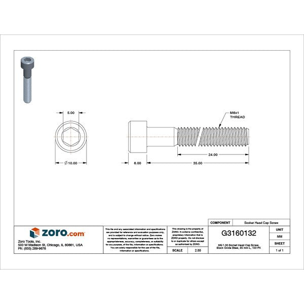 M6-1.00 Socket Head Cap Screw, Black Oxide Steel, 35 mm Length, 100 PK