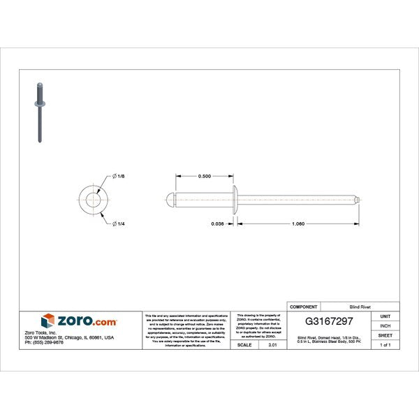 Blind Rivet, Dome Head, 1/8 in Dia., 1/2 in L, Stainless Steel Body, 500 PK