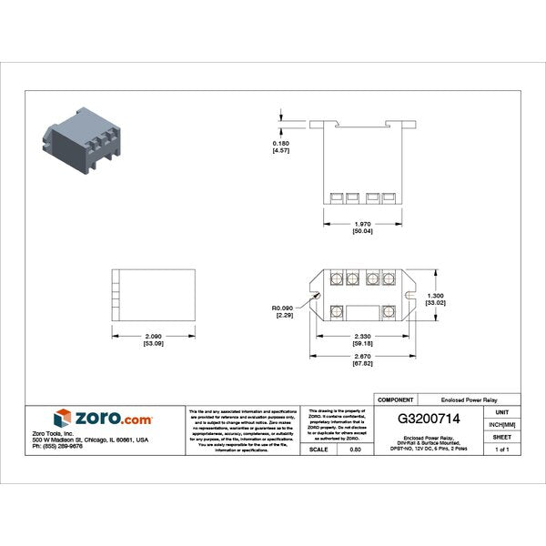Enclosed Power Relay, DIN-Rail & Surface Mounted, DPST-NO, 12V DC, 6 Pins, 2 Poles