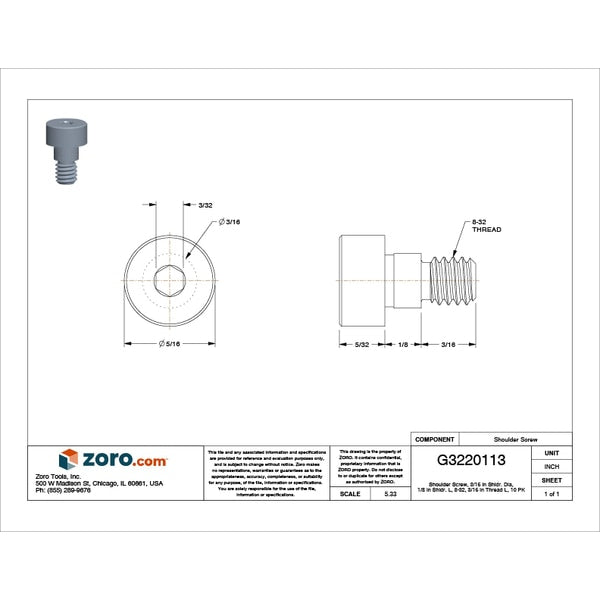 Precision Shoulder Screw, #8-32 Thr Sz, 3/16 in Thr Lg, 1/8 in Shoulder Lg, 18-8 Stainless Steel