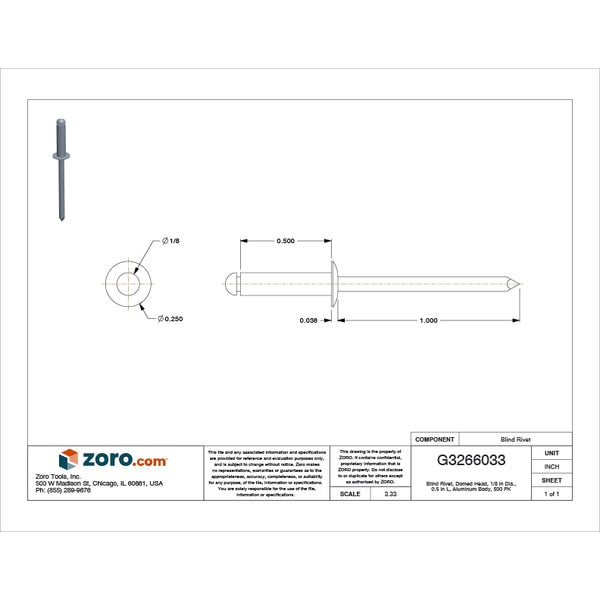 Blind Rivet, Dome Head, 1/8 in Dia., 1/2 in L, Aluminum Body, 500 PK