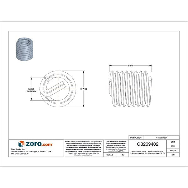 Tanged Helical Insert, Free-Running, M6-1.00 Thrd Sz, 18-8 Stainless Steel, 12 PK
