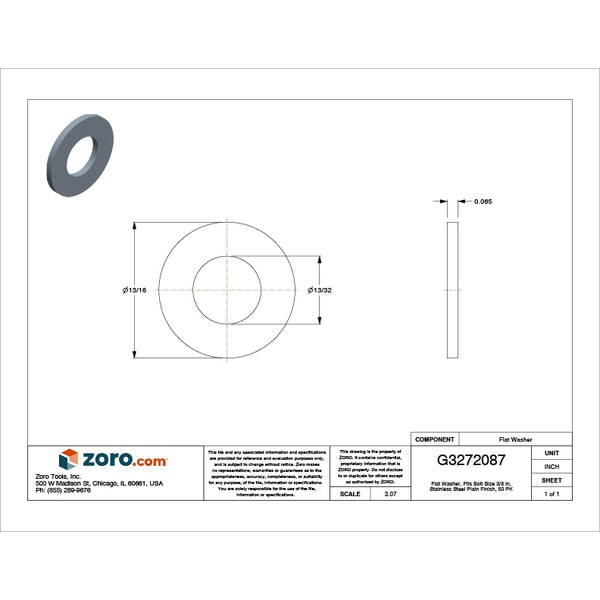 Flat Washer, Fits Bolt Size 3/8 in , Stainless Steel Plain Finish, 50 PK