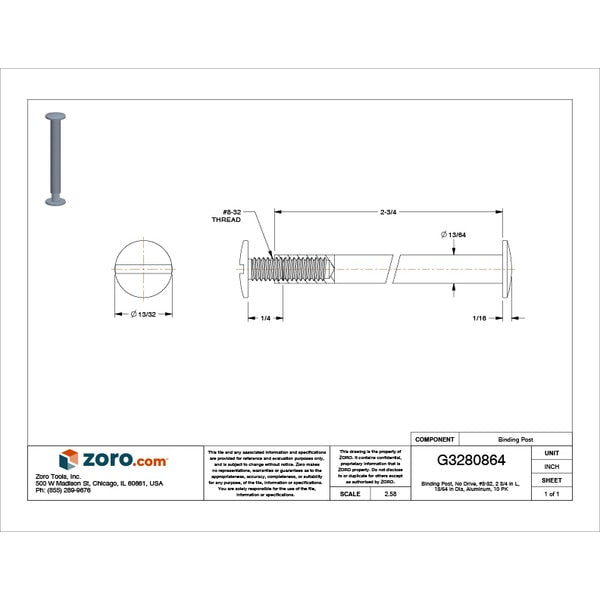 Binding Barrel, #8-32, 2 3/4 in Brl Lg, 13/64 in Brl Dia, Aluminum Plain, 10 PK