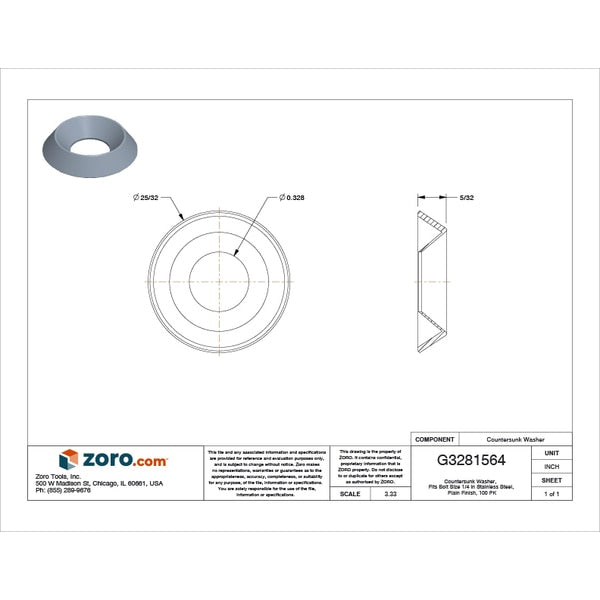 Countersunk Washer, Fits Bolt Size 1/4 in Stainless Steel, Plain Finish, 100 PK