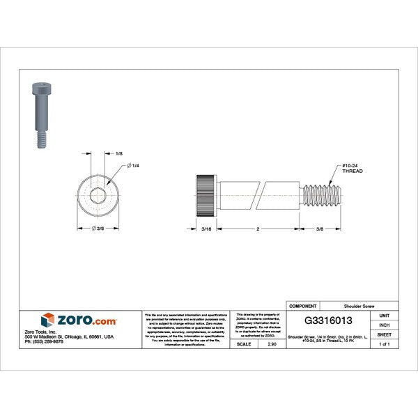 Shoulder Screw, #10-24 Thr Sz, 3/8 in Thr Lg, 2 in Shoulder Lg, Alloy Steel, 10 PK