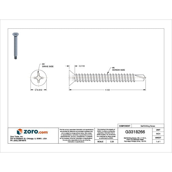 Self-Drilling Screw, #8 x 1-1/2 in, Plain 410 Stainless Steel Flat Head Phillips Drive, 100 PK