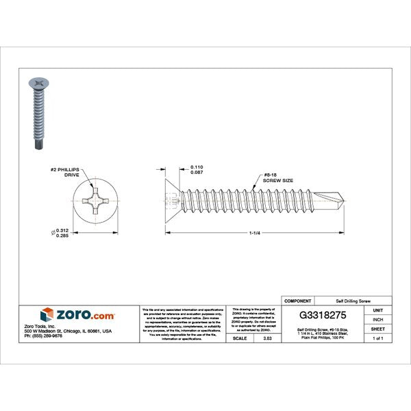 Self-Drilling Screw, #8 x 1 1/4 in, Plain Stainless Steel Flat Head Phillips Drive, 100 PK