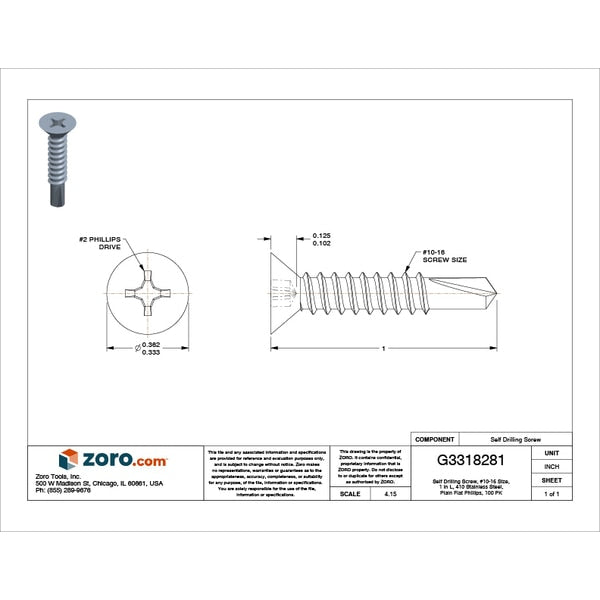 Self-Drilling Screw, #10 x 1 in, Plain Stainless Steel Flat Head Phillips Drive, 100 PK
