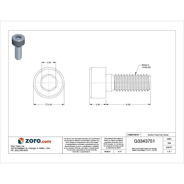 M3-0.50 Socket Head Cap Screw, Metric Blue Steel, 8 mm Length, 50 PK