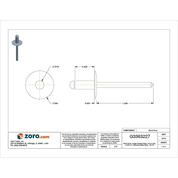 Blind Rivet, Flanged Head, 3/16 in Dia., 27/64 in L, Stainless Steel Body, 100 PK