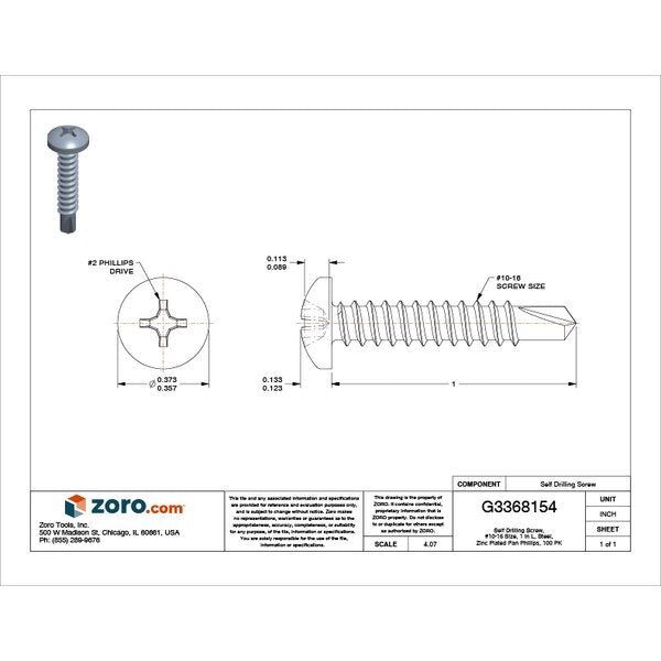Self-Drilling Screw, #10 x 1 in, Zinc Plated Steel Pan Head Phillips Drive, 100 PK