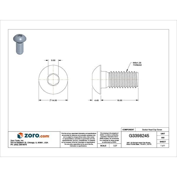 M8-1.25 Socket Head Cap Screw, Black Oxide Steel, 18 mm Length, 50 PK