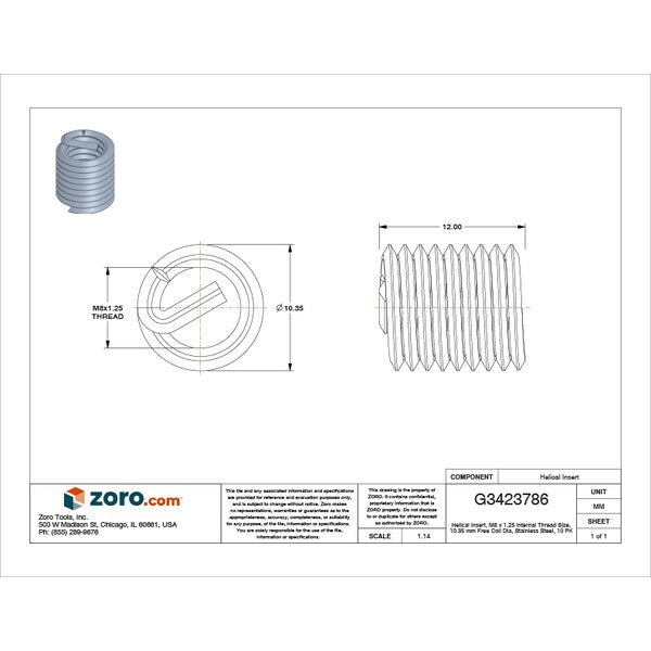 Tanged Helical Insert, Free-Running, M8-1.25 Thrd Sz, 18-8 Stainless Steel, 10 PK
