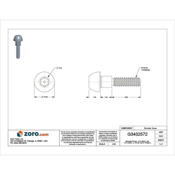 Tamper-Resistant Shoulder Screw, #10-24 Thr Sz, 5/8 in Thr Lg, 1/4 in Shoulder Lg