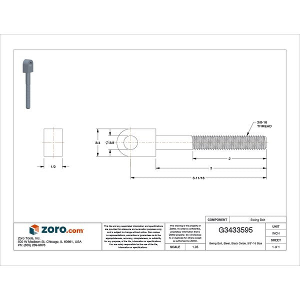 Swing Bolt, Steel, Black Oxide, 3/8