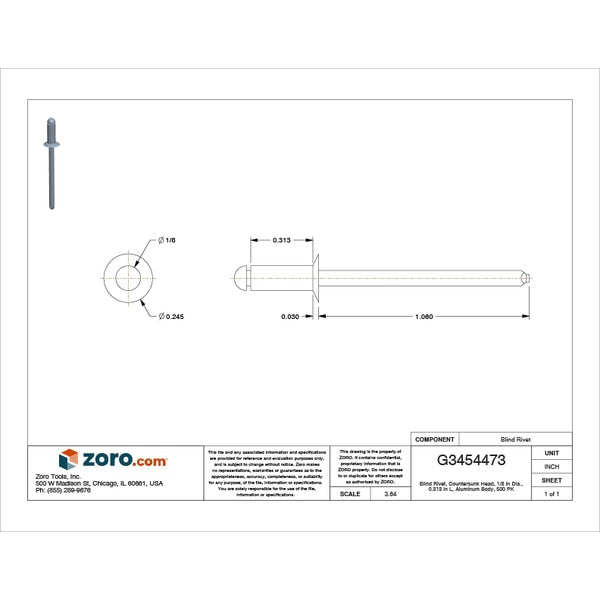 Blind Rivet, Countersunk Head, 1/8 in Dia., 5/16 in L, Aluminum Body, 500 PK