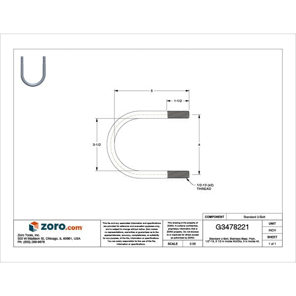 Round U-Bolt, 1/2