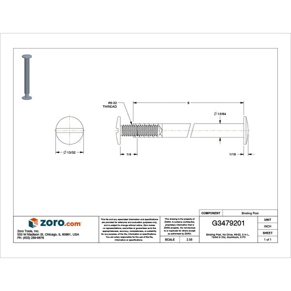 Binding Barrel, #8-32, 6 in Brl Lg, 13/64 in Brl Dia, Aluminum Plain, 5 PK