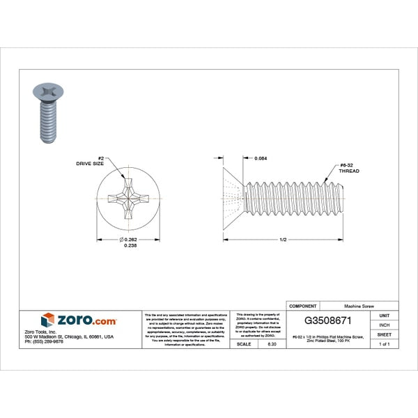 #6-32 x 1/2 in Phillips Flat Machine Screw, Zinc Plated Steel, 100 PK