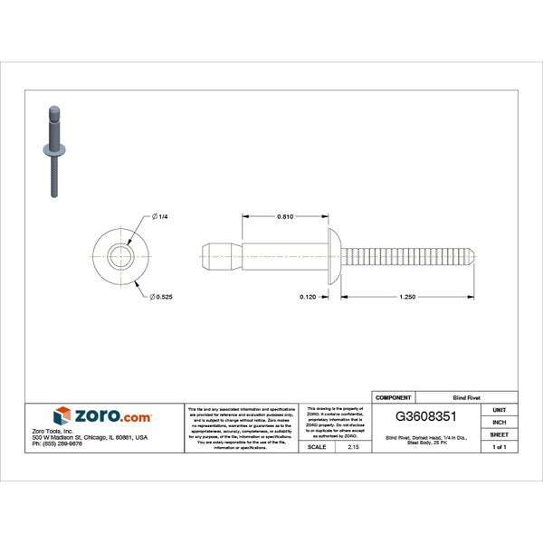 Blind Rivet, Dome Head, 1/4 in Dia., 51/64 in L, Steel Body, 25 PK