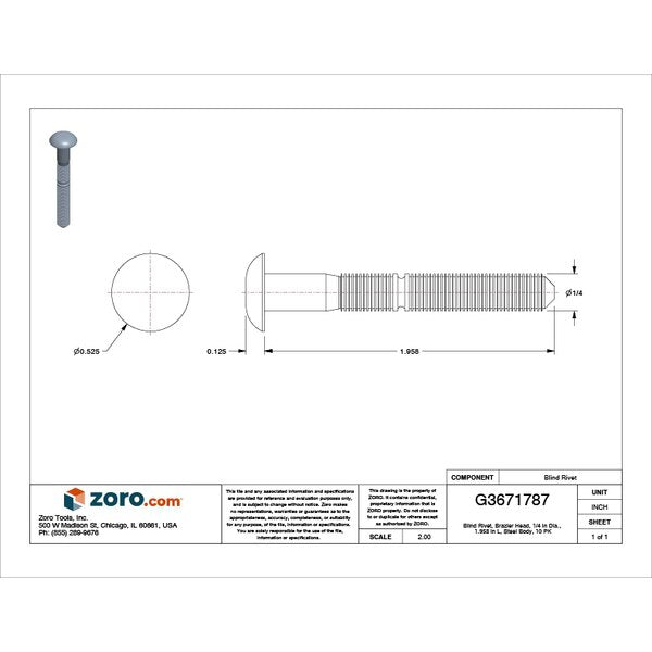 Blind Rivet, Structural Brazier Head, 1/4 in Dia., 1.958 in L, Steel Body, 10 PK